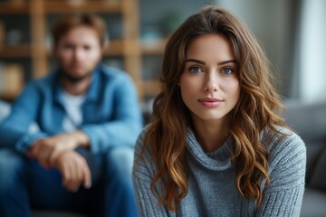 Obraz premium young caucasian lady, ignores offended man. Frustrated sad wife sit on bed thinking about relationship problems