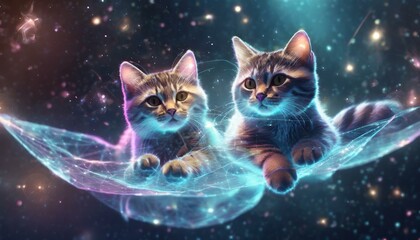 Futuristic cyber hologram background of two cats.. Cold blue tone. Animals floating in space. Outline against a dark backdrop.