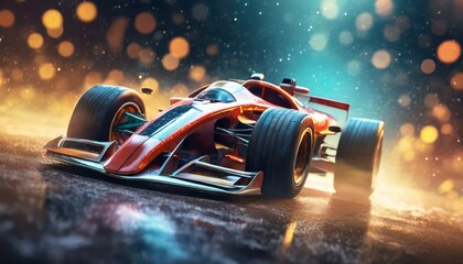 Formula one race car on dynamic cosmic abstract space background. Bokeh