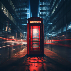 A classic red phone booth in a modern city.