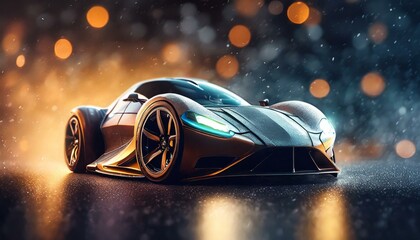 Modern futuristic race car on dynamic cosmic abstract space background. Car close up on dark...