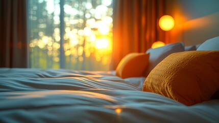  a close up of a bed with white sheets and pillows with the sun shining through the trees in the background. - obrazy, fototapety, plakaty