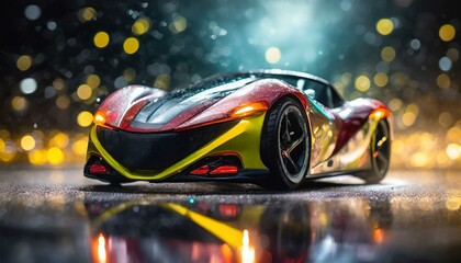 Modern futuristic race car on dynamic cosmic abstract space background. Car close up on dark...