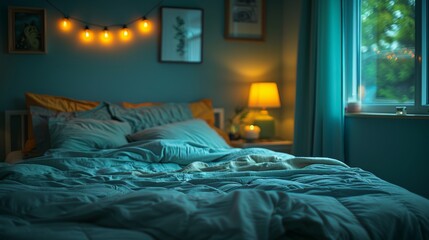 a bed in a bedroom with a green comforter and a string of lights on the wall above the bed.