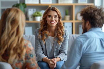 Family Psychologist Smiling Looking At Couple's Reconciliation During Therapy - obrazy, fototapety, plakaty