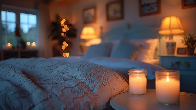  two candles sitting on a table in front of a bed with a white comforter and two pictures on the wall.