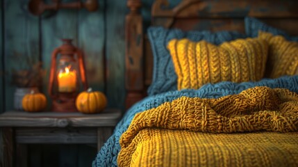Fototapeta na wymiar a bed covered in a yellow blanket next to a night stand with a lit candle and pumpkins on it.