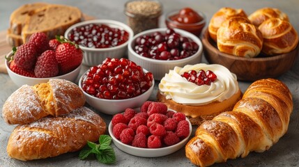  croissants, raspberries, and other pastries are arranged in bowls on a gray surface.