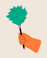 Hand holding feather duster. Colorful vector illustration