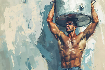An abstract image of a muscular plumber carrying a heavy water heater.