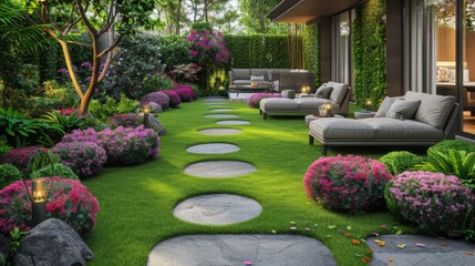  a garden with stepping stones in the middle of the grass and flowers on the side of the walkway and a couch on the other side of the walkway.