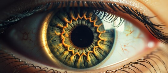 A closeup macro photography of a womans eye showcasing a striking green and yellow iris. The symmetry and vibrant colors create a captivating visual arts experience