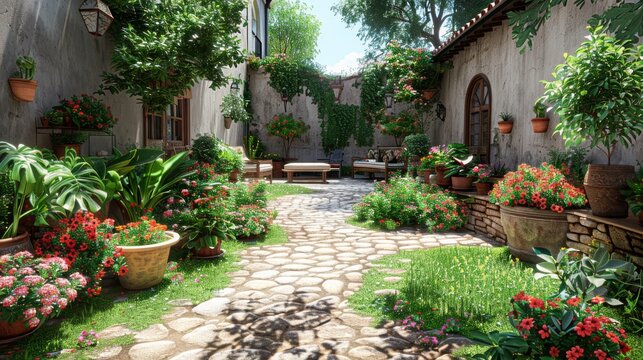  a garden filled with lots of potted plants next to a stone walkway with potted plants on either side of the walkway.