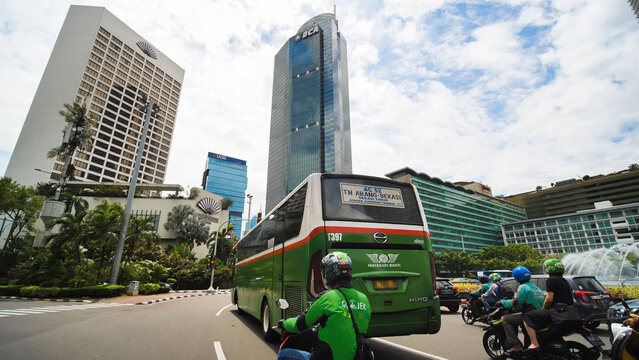 Jakarta, Indonesia - January 15, 2019: The streets and skyscrapers of the metropolis and capital of Indonesia.