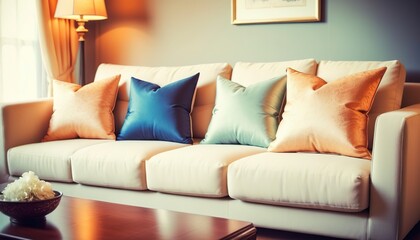 Beautiful luxury pillow on sofa decoration in livingroom interior for background - Vintage Filter