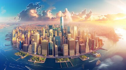 World-class virtual reality technology with cities Spectacular city skyline with colorful cities, 3D illustration. Elements of this image furnished by NASA. - obrazy, fototapety, plakaty