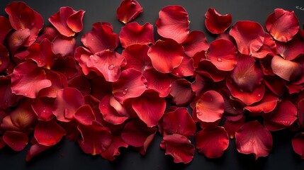  a close up of a bunch of red flowers on a black background with drops of water on the petals of the petals.
