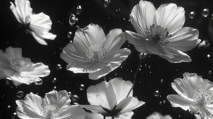  a black and white photo of flowers with bubbles of water on the bottom of the petals and the petals on the bottom of the petals.