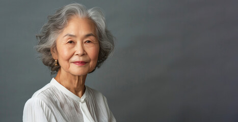 A asian woman with white hair and a white shirt is smiling. She is looking at the camera. The image has a calm and peaceful mood. Asian elderly woman in white blouse isolated on light grey background