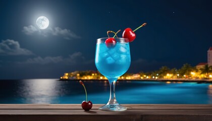 blue curacao cocktail drink with cherry at night - obrazy, fototapety, plakaty