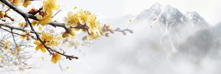 Obraz premium Plum blossom illustration in the mountains,created with Generative AI tecnology. 