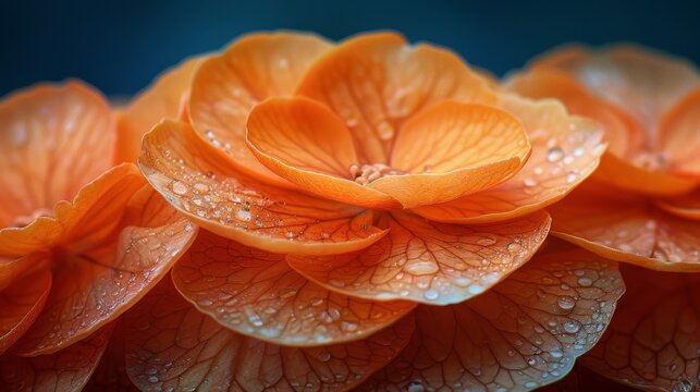  a bunch of orange flowers with drops of water on them and on top of them are orange petals with leaves and drops of water on the petals.
