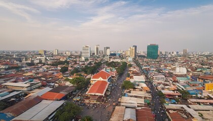 Fototapeta premium central market landmark and skyscrapers view in phnom penh city cambodia