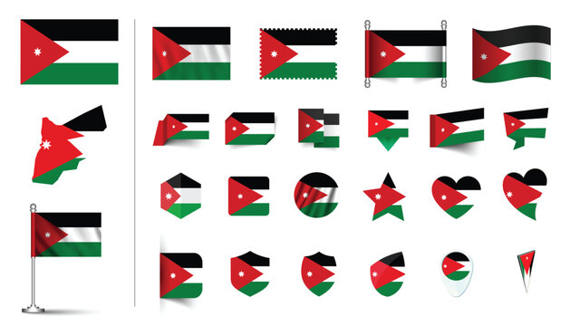 set of Jordan flag, flat Icon set vector illustration. collection of national symbols on various objects and state signs. flag button, waving, 3d rendering symbols, and flag on map symbols