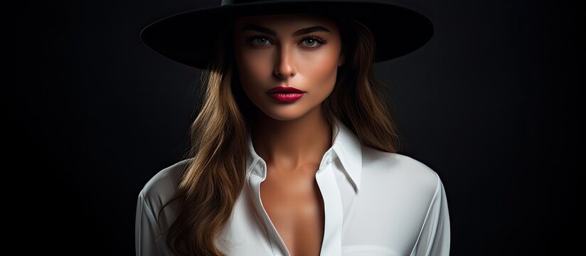 Elegant woman in a crisp white shirt and stylish black hat strikes a pose for a photograph
