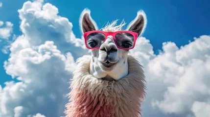 Deurstickers an llama in the clouds with sunglasses © Manzoor