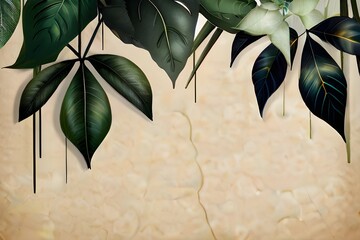 topical leaves hanging from the top large leaves art drawing on a texture background photo wallpaper in the room Generative AI - obrazy, fototapety, plakaty