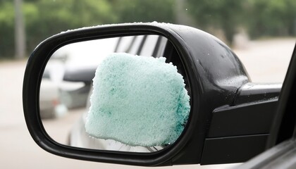 close-up car side mirror with car washing foam