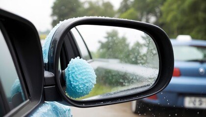 close-up car side mirror with car washing foam