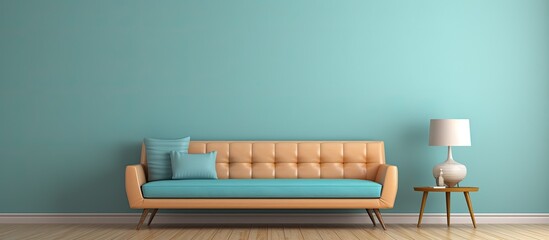 Blue and orange couch situated in a room illuminated by a lamp casting a warm glow
