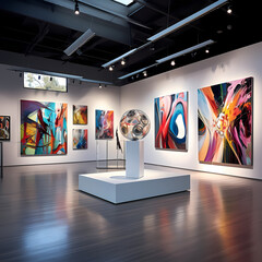 A modern art gallery with abstract paintings. 
