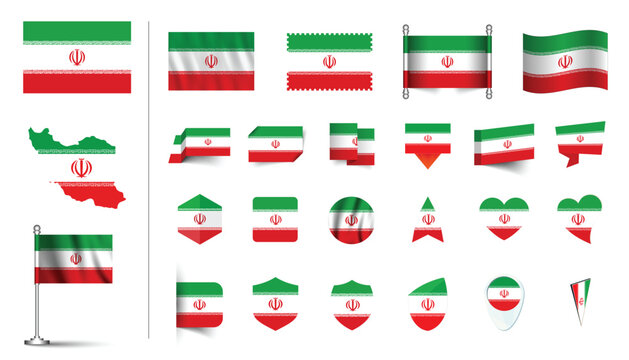 set of Iran flag, flat Icon set vector illustration. collection of national symbols on various objects and state signs. flag button, waving, 3d rendering symbols, and flag on map symbols