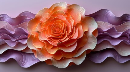  a large orange flower sitting on top of a purple and pink flower covered in wavy purple and orange paper flowers.