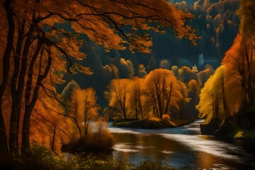 autumnal landscape, river Vltava, Czech republic - obrazy, fototapety, plakaty