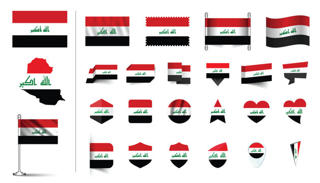 set of Iraq flag, flat Icon set vector illustration. collection of national symbols on various objects and state signs. flag button, waving, 3d rendering symbols, and flag on map symbols