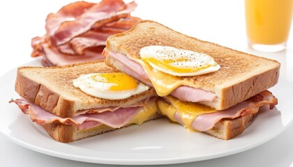 French toast ham bacon cheese sandwich with egg isolated on white background - obrazy, fototapety, plakaty