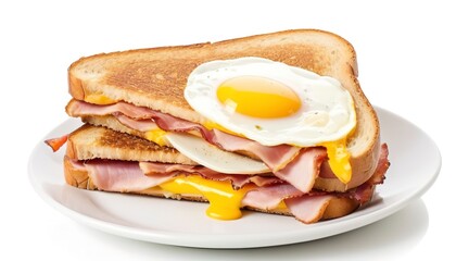 French toast ham bacon cheese sandwich with egg isolated on white background - obrazy, fototapety, plakaty