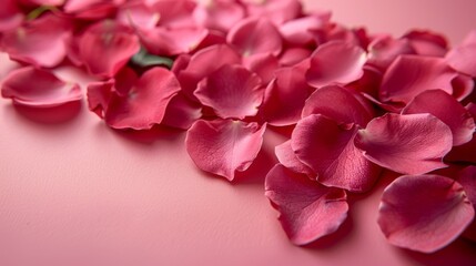  a bunch of pink flowers laying on top of a pink counter top next to a green leafy plant on top of a pink surface.