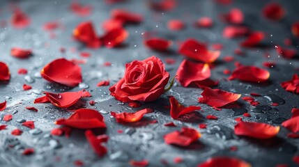 a close up of a red rose on a wet surface with drops of water on the surface and on the petals.