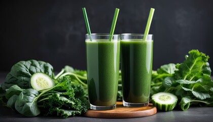 fresh organic dark green leafy vegetable detox juice in tall glass made with kale cucumber lettuce and spinach