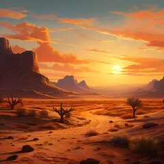 A serene desert landscape at sunset. 