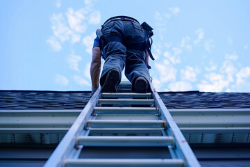 An abstract image of a muscular plumber climbing a ladder to fix a roof gutter.