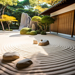 A serene zen garden with raked sand and stones. 