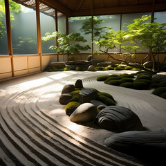 A serene zen garden with raked sand and stones. 
