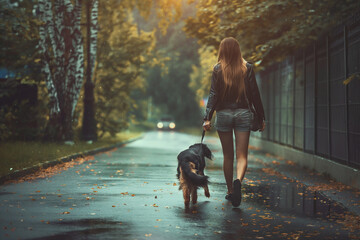 Pretty young woman walking with her dog