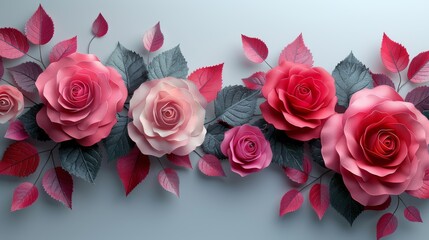  a group of pink roses with leaves on a blue background with a gray back ground and a light blue back ground.